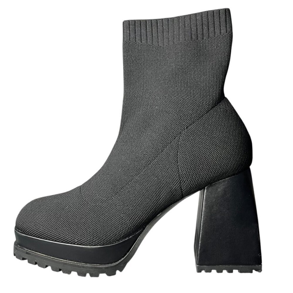 Womens 8.5 Sock Boots Platform Chunky Heel Booties Square Toe Slip On Black - Picture 8 of 9